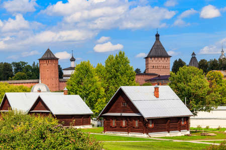 View of Monastery of Saint Euthymius and wooden houses in Suzdal, Russia. Suzdal cityscapeの写真素材
