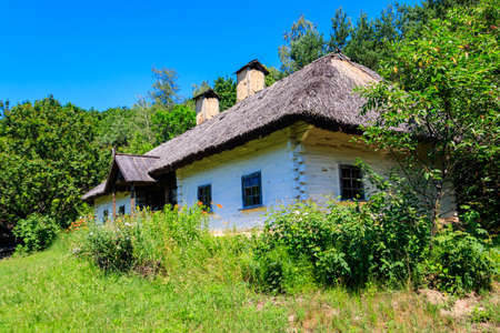 Ancient traditional ukrainian rural house in Pyrohiv (Pirogovo) village near Kiev, Ukraineの写真素材