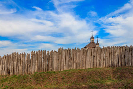 Medieval wooden Zaporozhian Sich on Khortytsia island in Zaporizhia, Ukraine