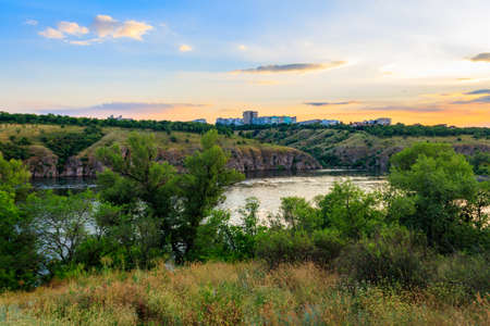 View of the Dnieper river in Zaporizhia, Ukraineの写真素材