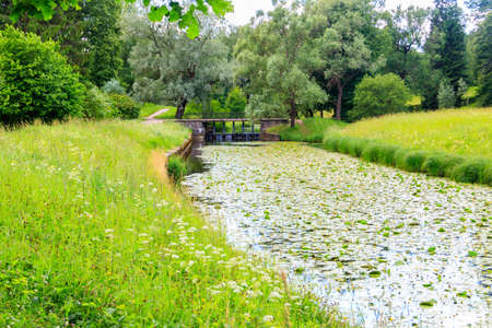 Black bridge-dam over the Slavyanka river in Pavlovsk park, Russia