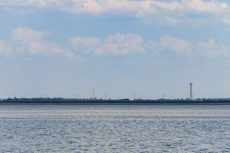 Solar power station on a bank of lake. Renewable energy