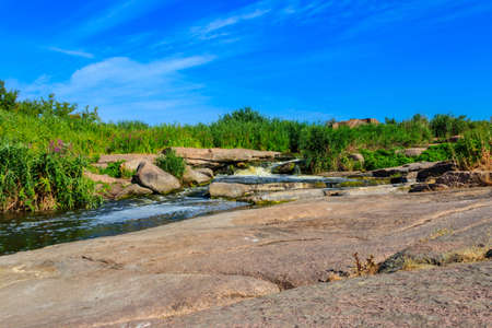 View of Tokovsky waterfalls on the Kamenka river in Dnipropetrovsk region, Ukraine