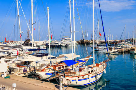 White yachts in the sea harbor of Kemer, Antalya province in Turkey. Kemer Marina on the...