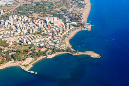 Aerial view of Antalya city and the Mediterranean sea in Turkey. View from a planeの写真素材