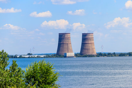 Ð¡ooling towers of Zaporizhia Nuclear Power Station in Enerhodar, Ukraineのeditorial素材