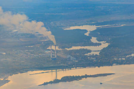 Aerial view of the Dnieper river and factory chimneys near Kiev, Ukraineの写真素材
