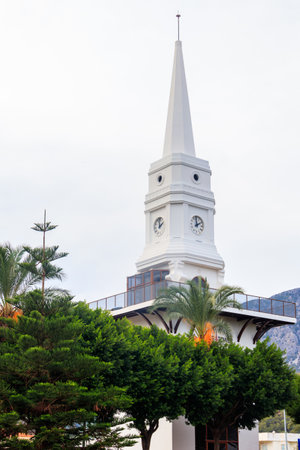 White clock tower in the center of Kemer, Antalya province, Turkeyのeditorial素材