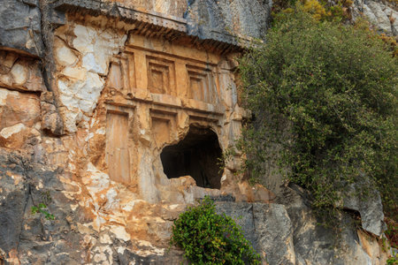Rock-cut tomb of Lycian necropolis of the ancient city of Myra in Demre, Antalya province in Turkeyの写真素材