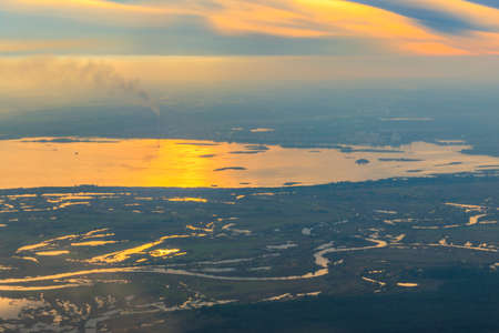 Aerial view of the Dnieper river and factory chimneys near Kiev, Ukraineの写真素材