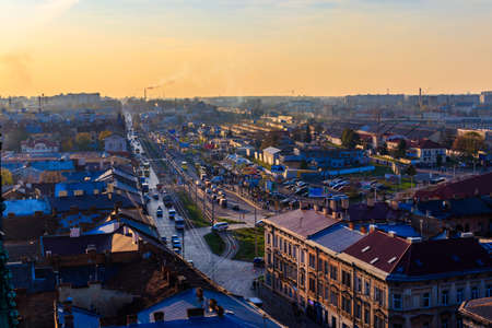 Lviv, Ukraine - November 1, 2019: View of Lviv city from bell tower of Church of Sts. Olha and Elizabeth. Lvov cityscape, Ukraineのeditorial素材
