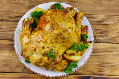 Baked whole chicken with potato on a wooden table. Top viewの写真素材