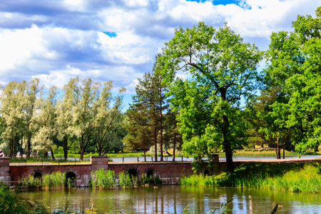 Dam-bridge in Catherine park at Tsarskoye Selo in Pushkin, Russiaの写真素材