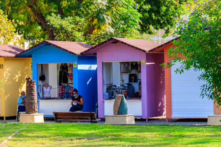Kemer, Turkey - October 24, 2020: Row of small multicolored souvenir shops in Kemer, Turkeyのeditorial素材