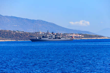 Turkish navy warship sailing in the Mediterranean sea. Protection of water borders of Turkeyのeditorial素材