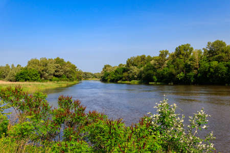 Spring landscape with beautiful river, green trees and blue sky