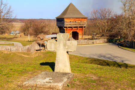 Ancient gravestone crosses (17th - 18th century) at the famous historic St. Elijah Church in Subotiv village, Ukraineの写真素材