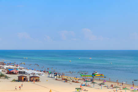Lazurne, Ukraine - July 18, 2020: View on the beach of the Black sea in Lazurne, Ukraine. View from aboveのeditorial素材