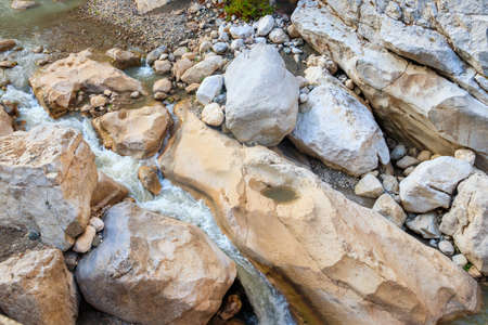 Scenic landscape with beautiful mountain brook. Idyllic scenery with clear water in small river....
