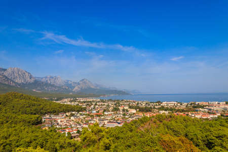 View of Kemer town on a coast of the Mediterranean sea in Antalya province, Turkey. Turkish Riviera. View from a mountainの写真素材