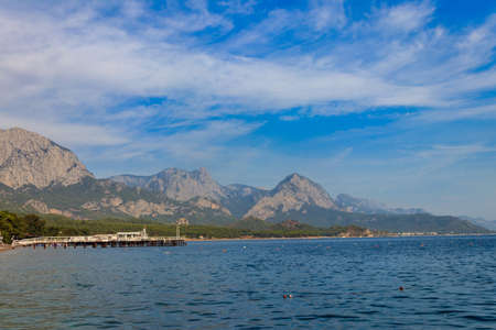 View of the Mediterranean sea coast and the Taurus mountains in Kemer, Antalya province in Turkeyの写真素材