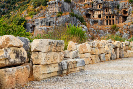 Rock-cut tombs of Lycian necropolis of the ancient city of Myra in Demre, Antalya province in Turkeyの写真素材
