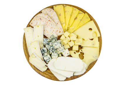 Cheese platter with different kinds of cheese isolated on white background