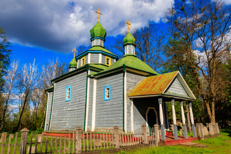 Old wooden church in Open air Museum of Folk Architecture and Folkways of Middle Naddnipryanschina in Pereyaslav, Ukraineのeditorial素材