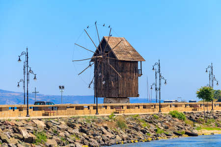 Old wooden windmill in the old town of Nessebar, Bulgariaの写真素材