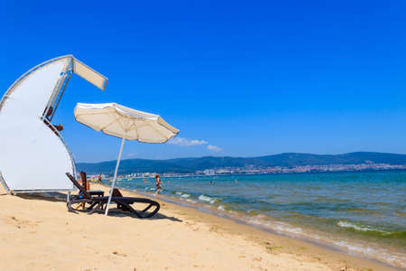Sunny Beach, Bulgaria - June 29, 2021: Sandy beach in Sunny Beach resort town, Bulgariaのeditorial素材