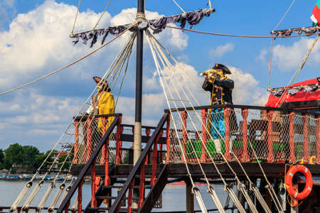 Pomorie, Bulgaria - July 2, 2021: Stylized pirate ship Black Pearl in seaport of Pomorie, Bulgaria