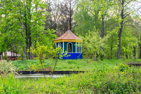 Small wooden gazebo in Pereyaslav, Ukraineの写真素材