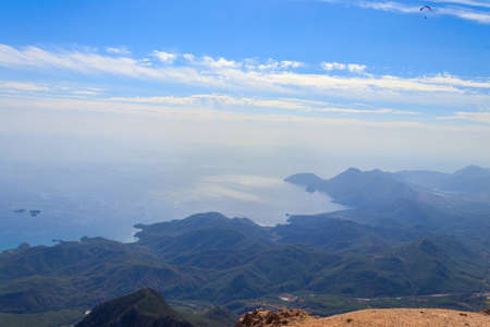 View of the Taurus mountains and the Mediterranean sea from a top of Tahtali mountain near Kemer, Antalya Province in Turkeyの写真素材