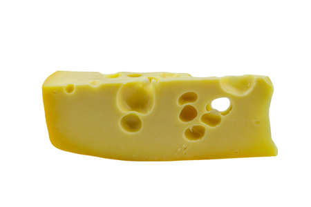 Piece of swiss cheese isolated on white backgroundの写真素材
