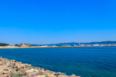 View of the Black sea and Sunny Beach resort in Bulgariaの写真素材