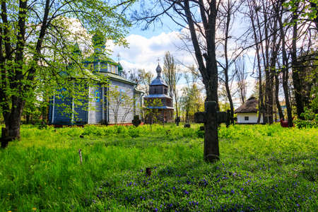 Old wooden church in Open air Museum of Folk Architecture and Folkways of Middle Naddnipryanschina in Pereyaslav, Ukraineのeditorial素材