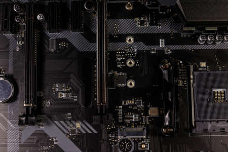 Close-up of a modern computer motherboard. Electronic computer hardware technology