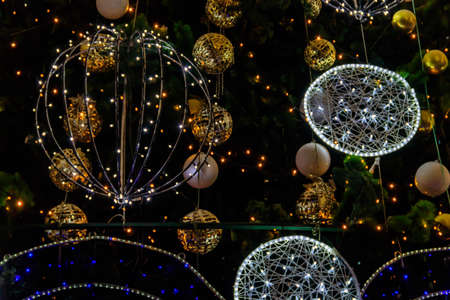 Detail of decorated Christmas tree with xmas lights