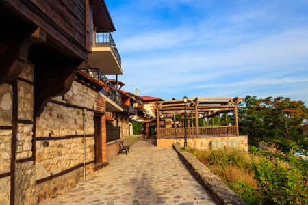 Narrow street of the old town of Nessebar in Bulgariaの写真素材