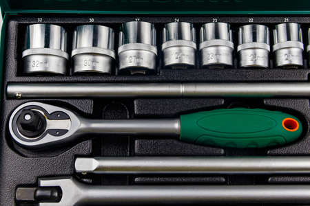 Close-up of universal tool kit for car repairの写真素材