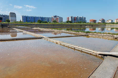 Artificial pond from which salt is extracted in Pomorie, Bulgariaのeditorial素材