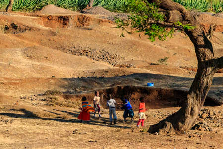 Arusha region, Tanzania - September 14, 2021: Group of african children playing under a tree in Tanzaniaのeditorial素材