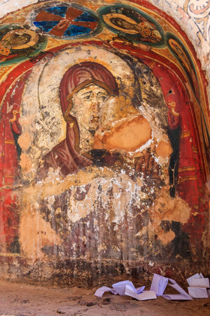 Ancient fresco of Virgin Mary with Byzantine patterns in Saint Catherine's monastery, Sinai Peninsula, Egyptの写真素材