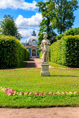 Marble statue in front of Grotto pavilion in the Catherine park at Tsarskoye Selo in Pushkin, Russiaのeditorial素材