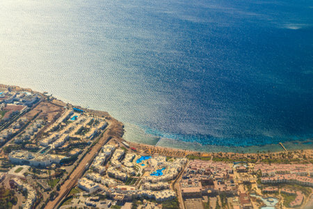 Aerial view on the Red sea and Sharm El Sheikh city, Egypt. view from airplaneの写真素材