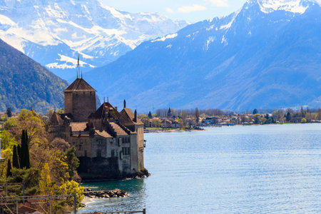 Chillon Castle on Lake Geneva near Montreux, Switzerlandのeditorial素材