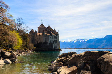 Chillon Castle on Lake Geneva near Montreux, Switzerlandのeditorial素材