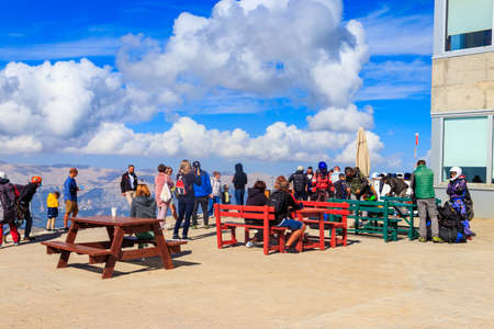 Antalya Province, Turkey - October 23, 2020: People resting in cafe on a top of Tahtali mountain near Kemer, Antalya Province in Turkeyのeditorial素材