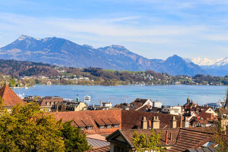 View of the old town of Lucerne (Luzern) city and Lake Lucerne in Switzerland. View from aboveの写真素材