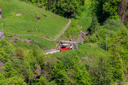 Reichenbachfall funicular (Reichenbachfall-Bahn) from Willigen, near Meiringen, to the famous Reichenbach Falls, Switzerlandのeditorial素材